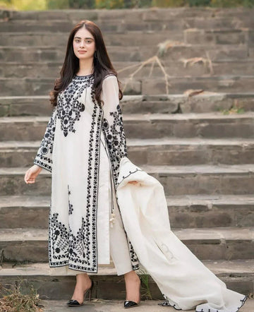 “Dhanak 3PC Embroidered Suit with Embroidered Shawl”