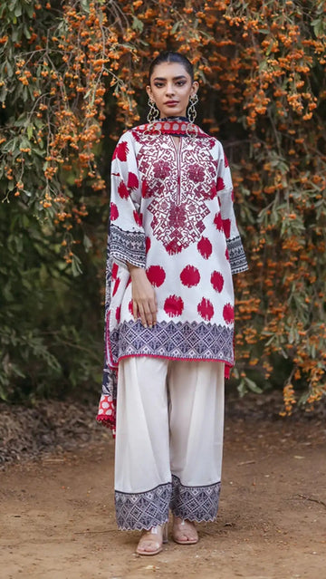 LAWN 3PC Allover Lawn Digital Print Suit (Embroidered Sleeves patch) EMBROIDERED D-LACE) Same Print Dupatta & Trouser D-1588