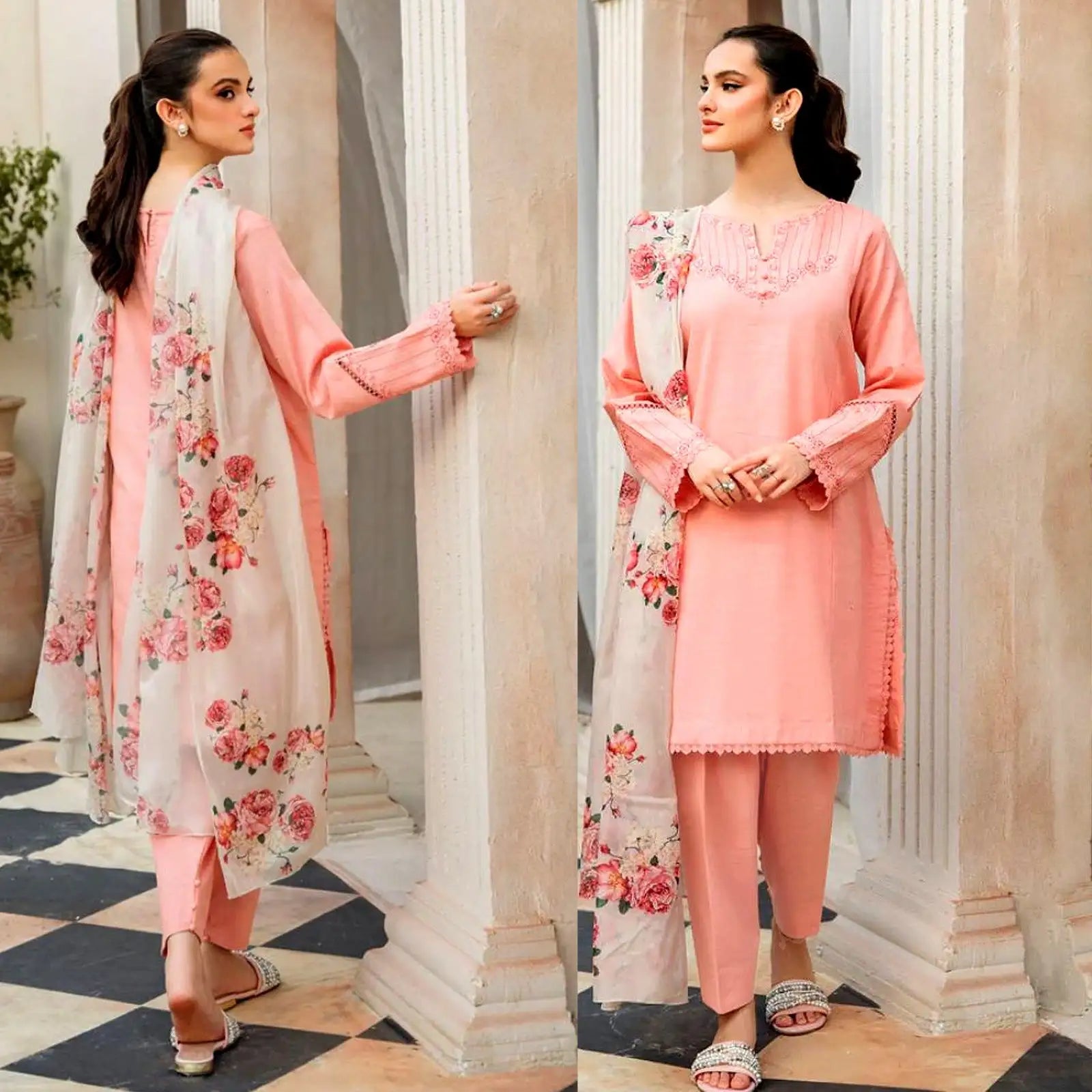 ZIVA - 3PC LAWN EMBROIDERED SHIRT WITH PRINTED DUPATTA AND TROUSER D-1077