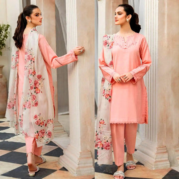 ZIVA - 3PC LAWN EMBROIDERED SHIRT WITH PRINTED DUPATTA AND TROUSER D-1077