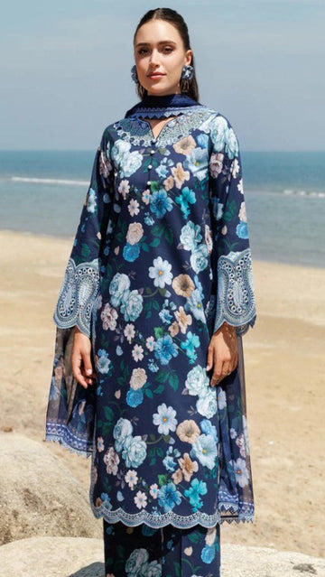 LAWN 3PC Allover Lawn Digital Print Suit (Embroidered Sleeves patch) EMBROIDERED D-LACE) Same Print Dupatta & Trouser D-1530