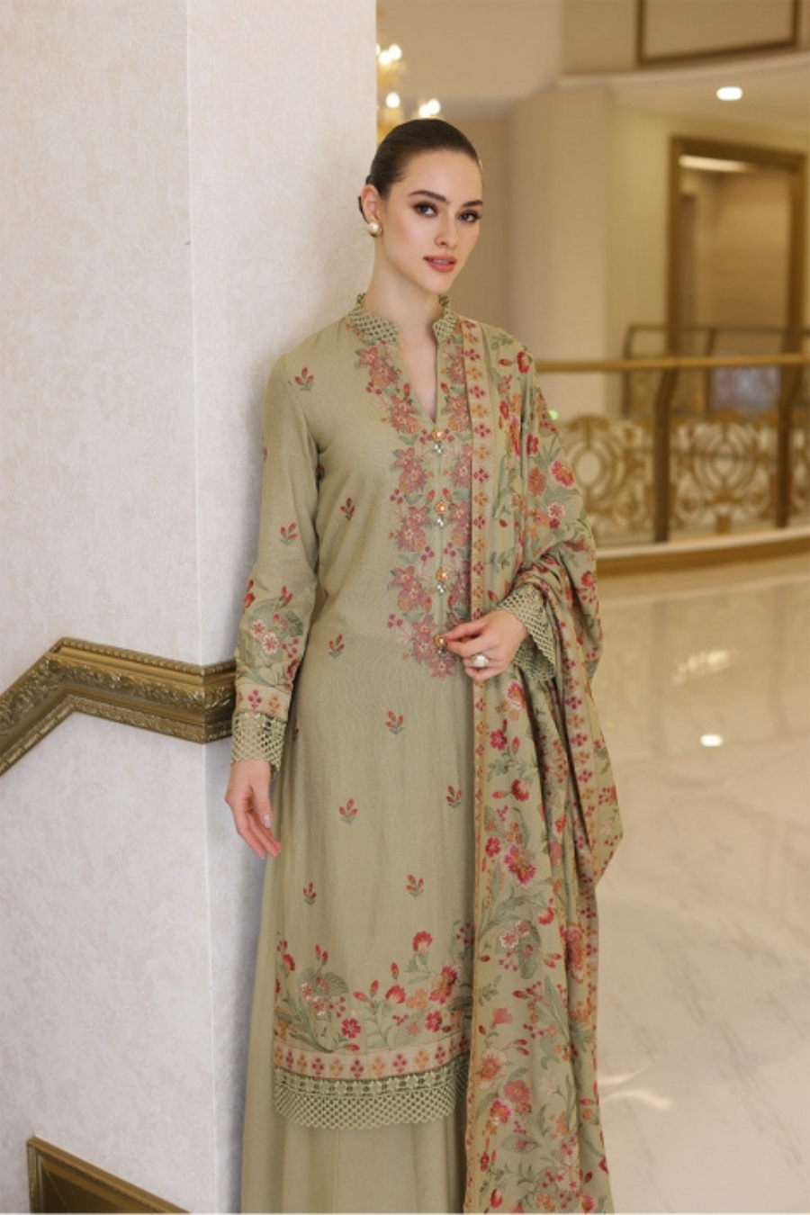 “Dhanak 3PC Embroidered Suit with Embroidered Shawl”