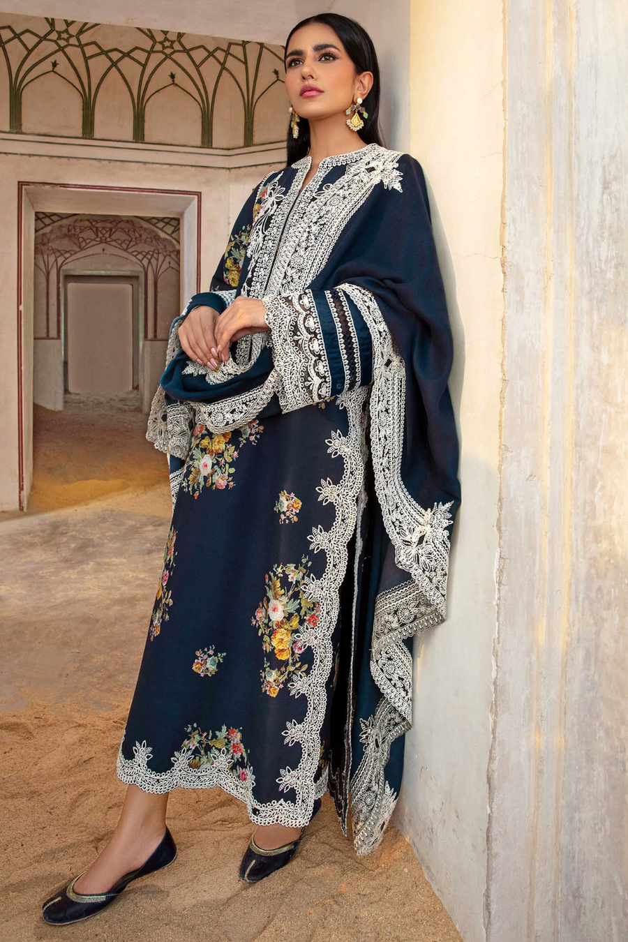 “Dhanak 3PC Embroidered Suit with Embroidered Shawl”