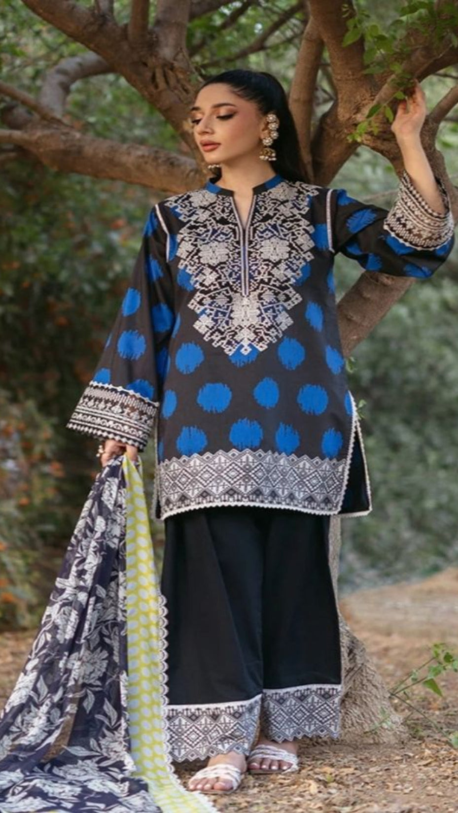 LAWN 3PC Allover Lawn Digital Print Suit (Embroidered Sleeves patch) EMBROIDERED D-LACE) Same Print Dupatta & Trouser D-1577