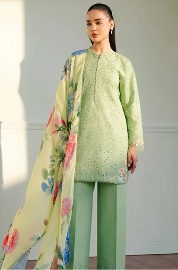 LAWN 3PC CHIKENKARI EMBROIDERED SHIRT PLAIN TROUSER PRINTED DUPATA D-737