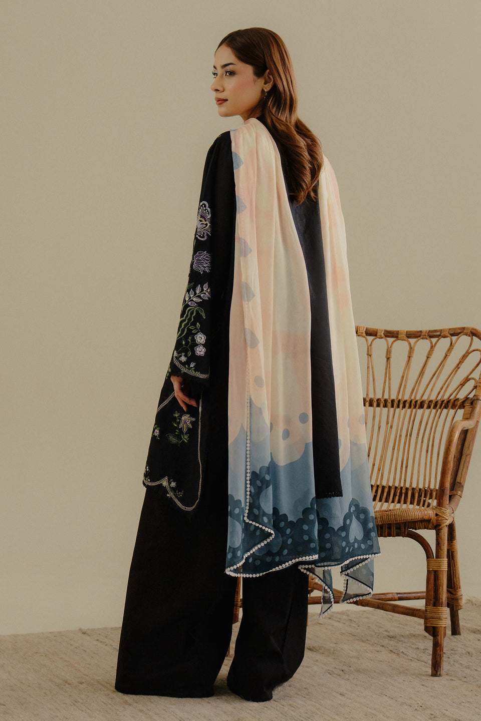 “Dhanak 3PC Embroidered Suit with Embroidered Shawl”