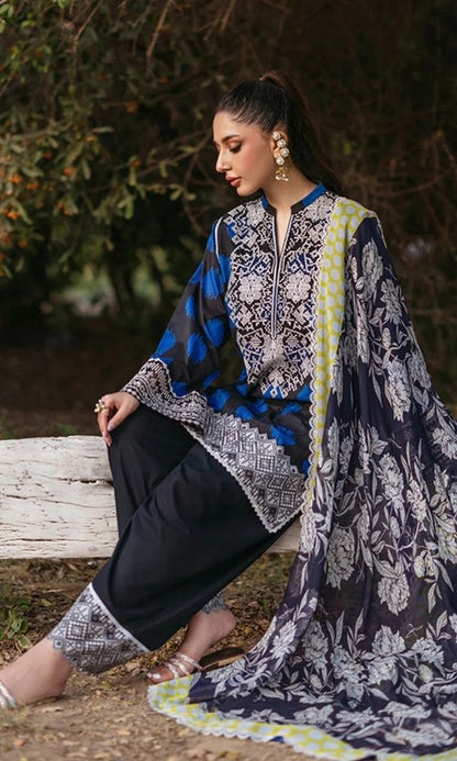 LAWN 3PC Allover Lawn Digital Print Suit (Embroidered Sleeves patch) EMBROIDERED D-LACE) Same Print Dupatta & Trouser D-1577