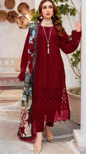 EMBROIDERED 3PC CHICKAN LAWN DRESS WITH PRINTED MUNAR DUPATTA D-1159.