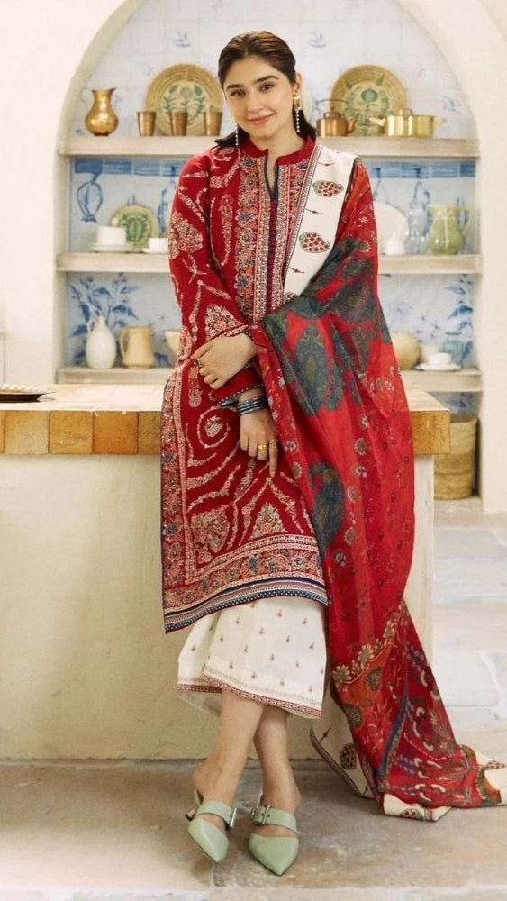 LAWN 3PC EMBROIDERED SHIRT EMBORIDED TROUSER (D-PATCH )monar printed DUPATA D-1011