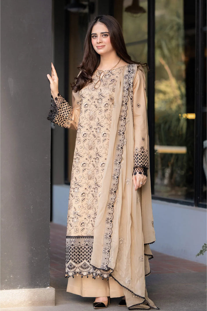 “Dhanak 3PC Embroidered Suit with Embroidered Shawl”