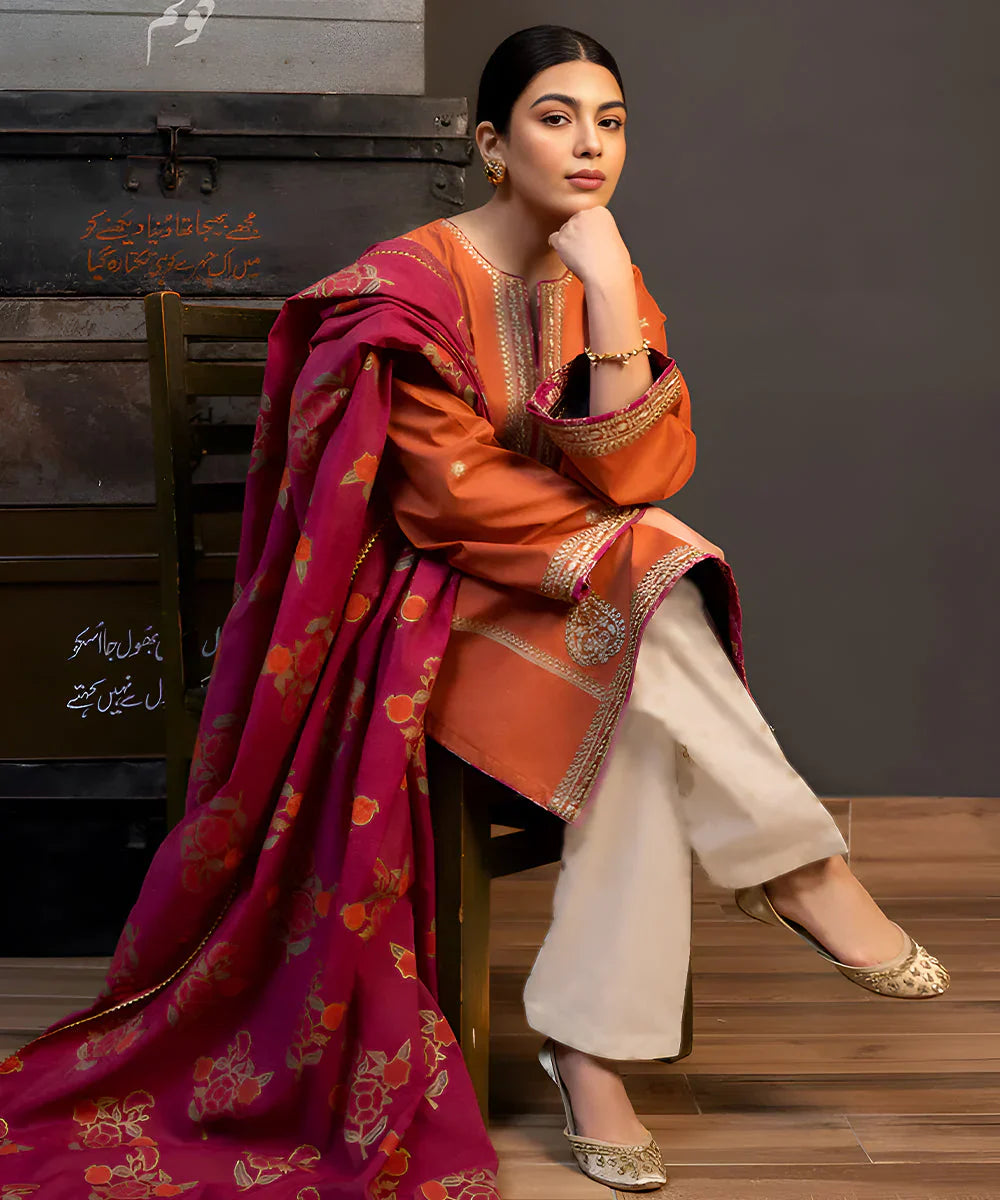 3PC LAWN EMBROIDERED SHIRT WITH MANAAR PRINTED DUPATTA AND TROUSER D-1060