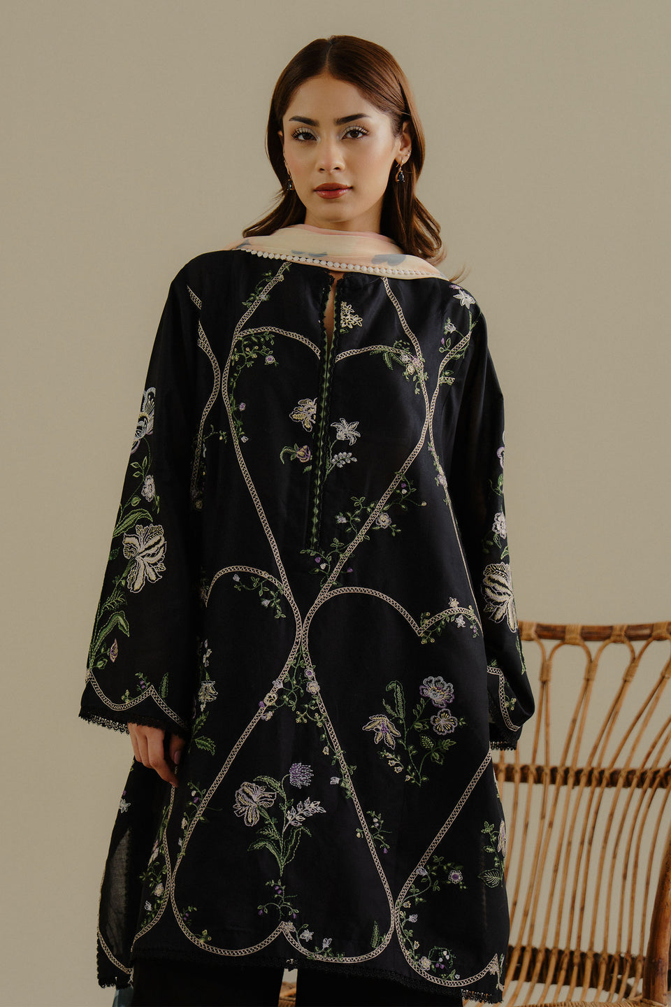 “Dhanak 3PC Embroidered Suit with Embroidered Shawl”