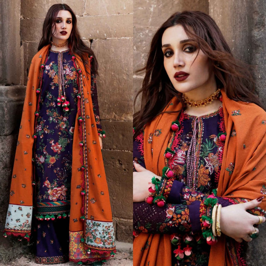 “Dhanak 3PC Embroidered Suit with Embroidered Shawl”
