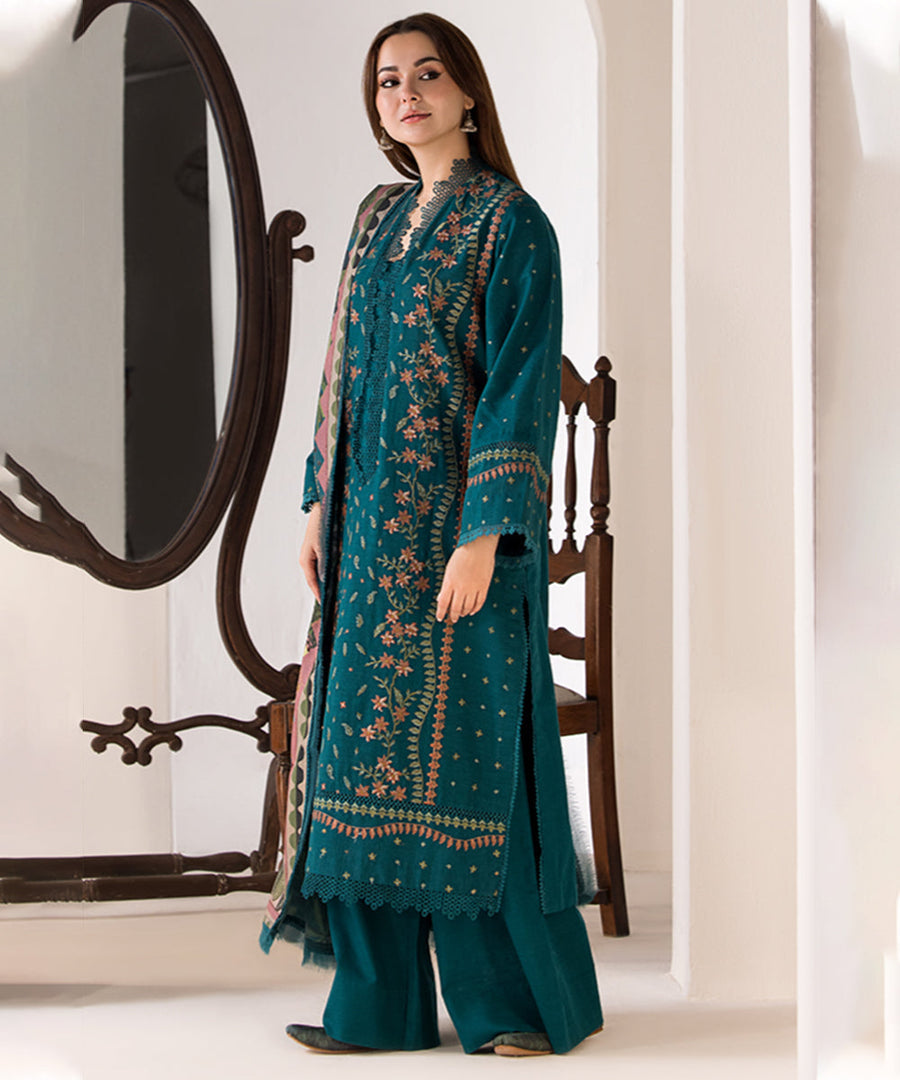 “Dhanak 3PC Embroidered Suit with Wool Shawl”
