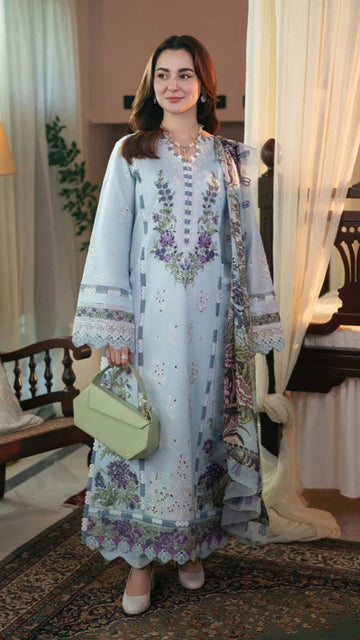 LAWN 3PC Chikenkari Embroidered SHIRT ( SLEEVE LACE ) (D-LACE ) PLAIN TROUSER PRINTED DUPATA 762-A