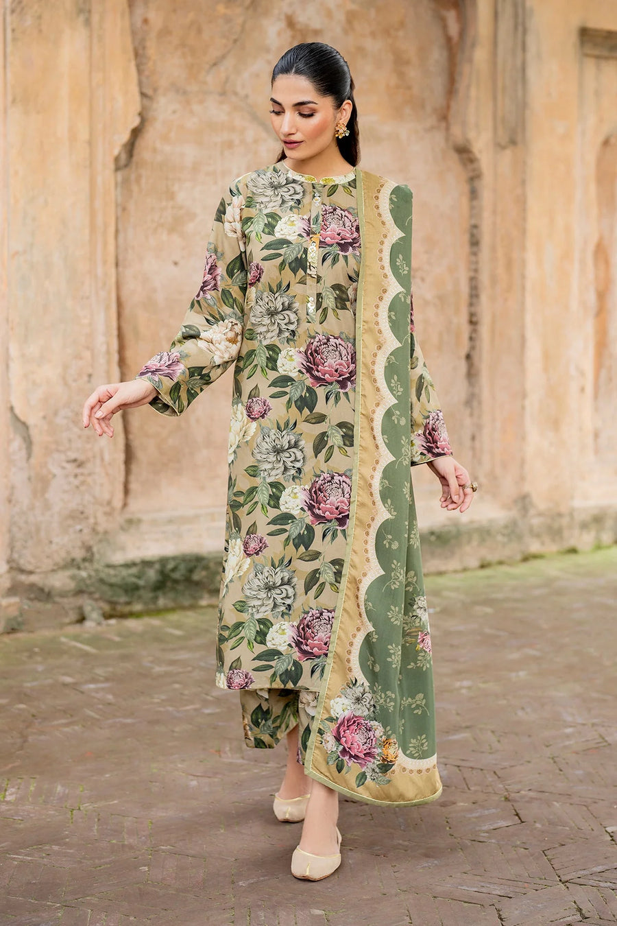 3PC PRINTED KARANDI SHIRT TROUSER AND SHAWL 1202-RR
