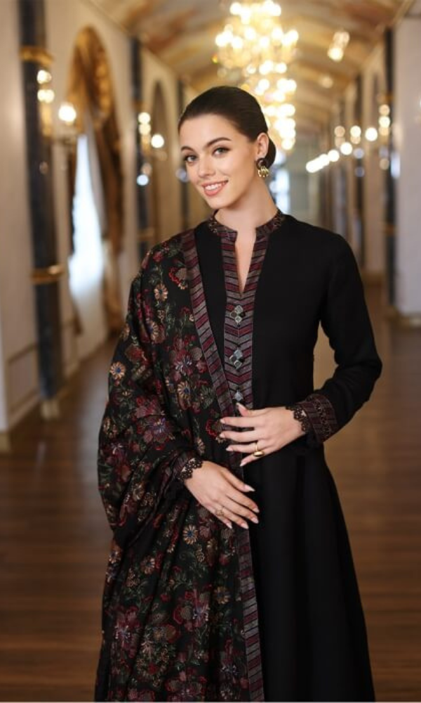 “Dhanak 3PC Embroidered Suit with Embroidered Shawl”