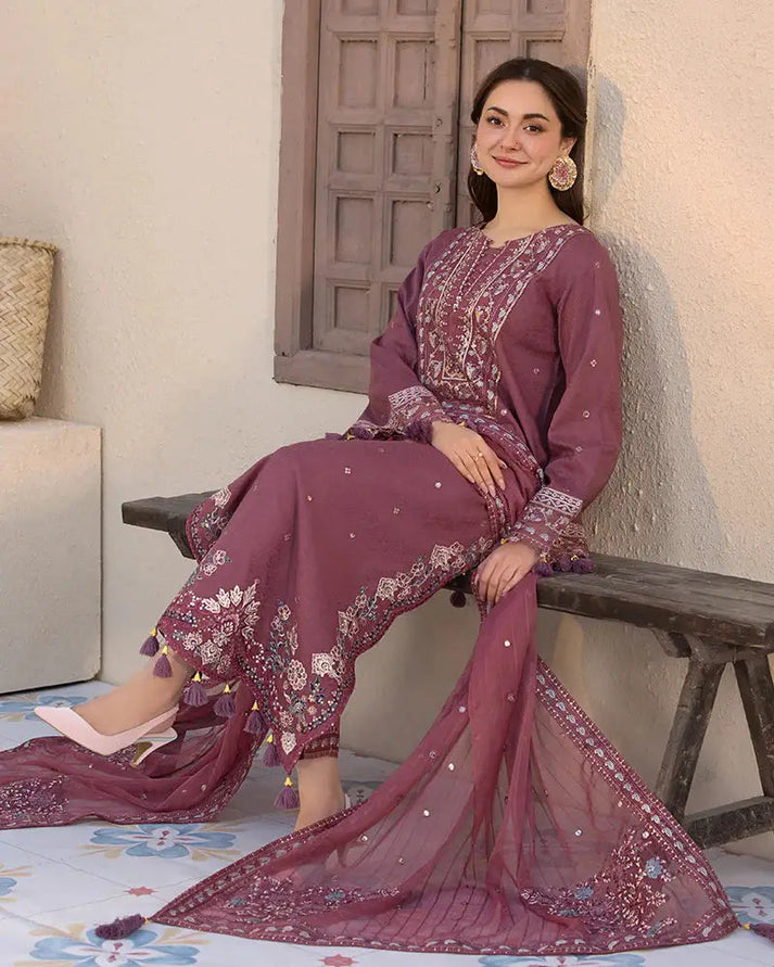 “Dhanak 3PC Embroidered Suit with Embroidered Shawl”