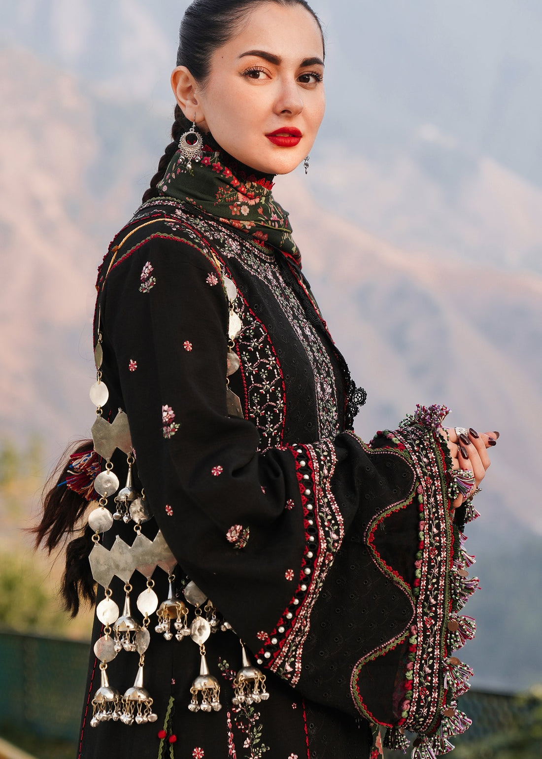DANAK EMBROIDERED SHIRT PRINTED WOOL SHAWL AND PLAIN TROUSER