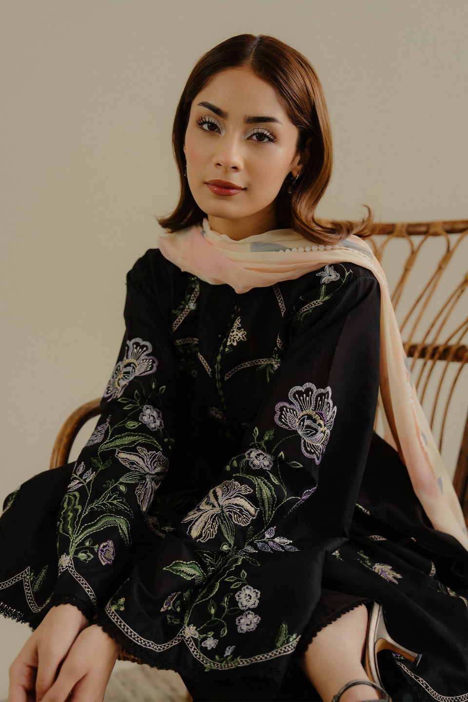 “Dhanak 3PC Embroidered Suit with Embroidered Shawl”
