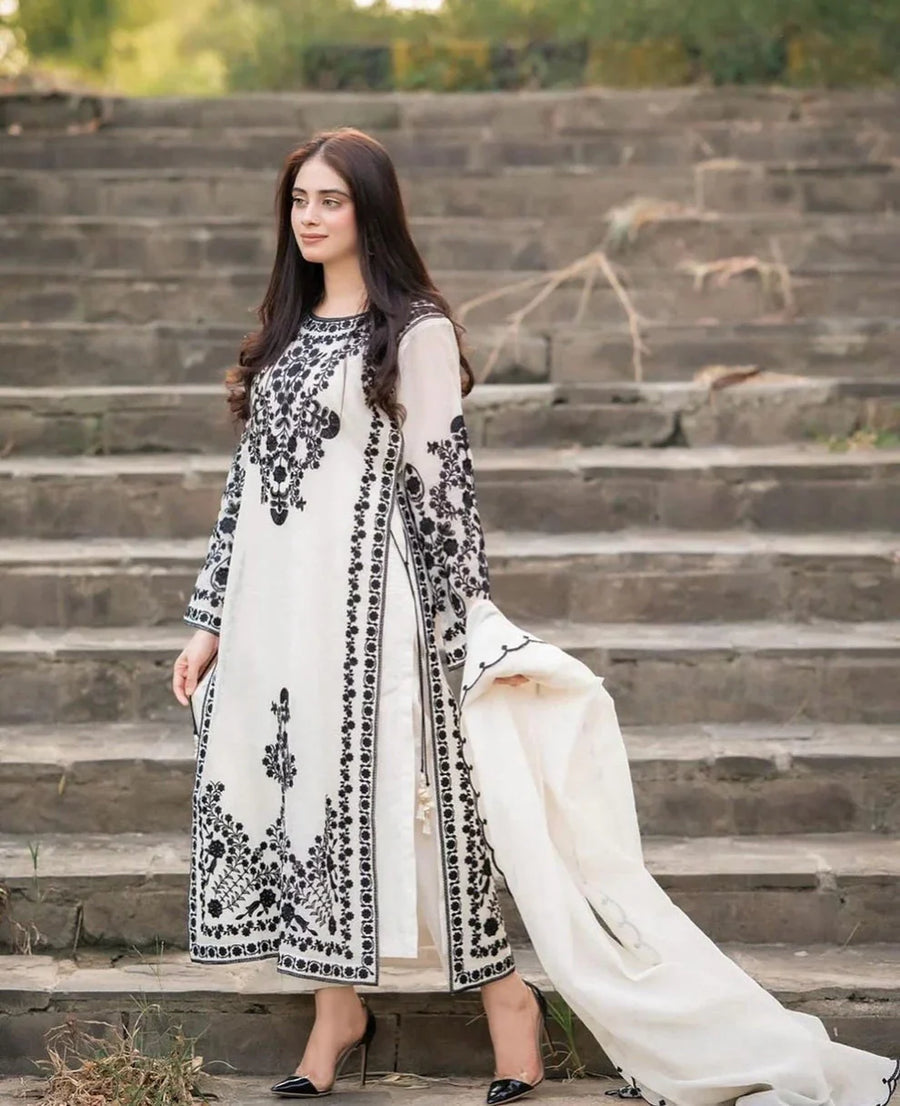 “Dhanak 3PC Embroidered Suit with Embroidered Shawl”