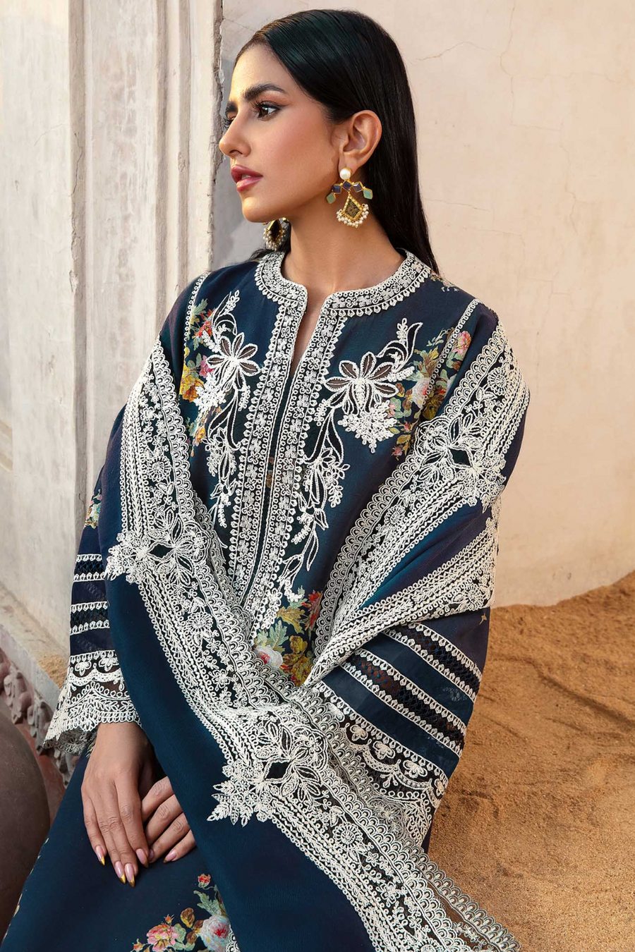 “Dhanak 3PC Embroidered Suit with Embroidered Shawl”