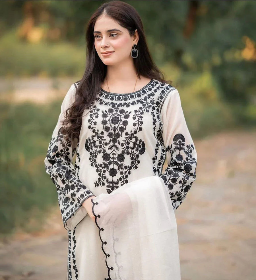 “Dhanak 3PC Embroidered Suit with Embroidered Shawl”