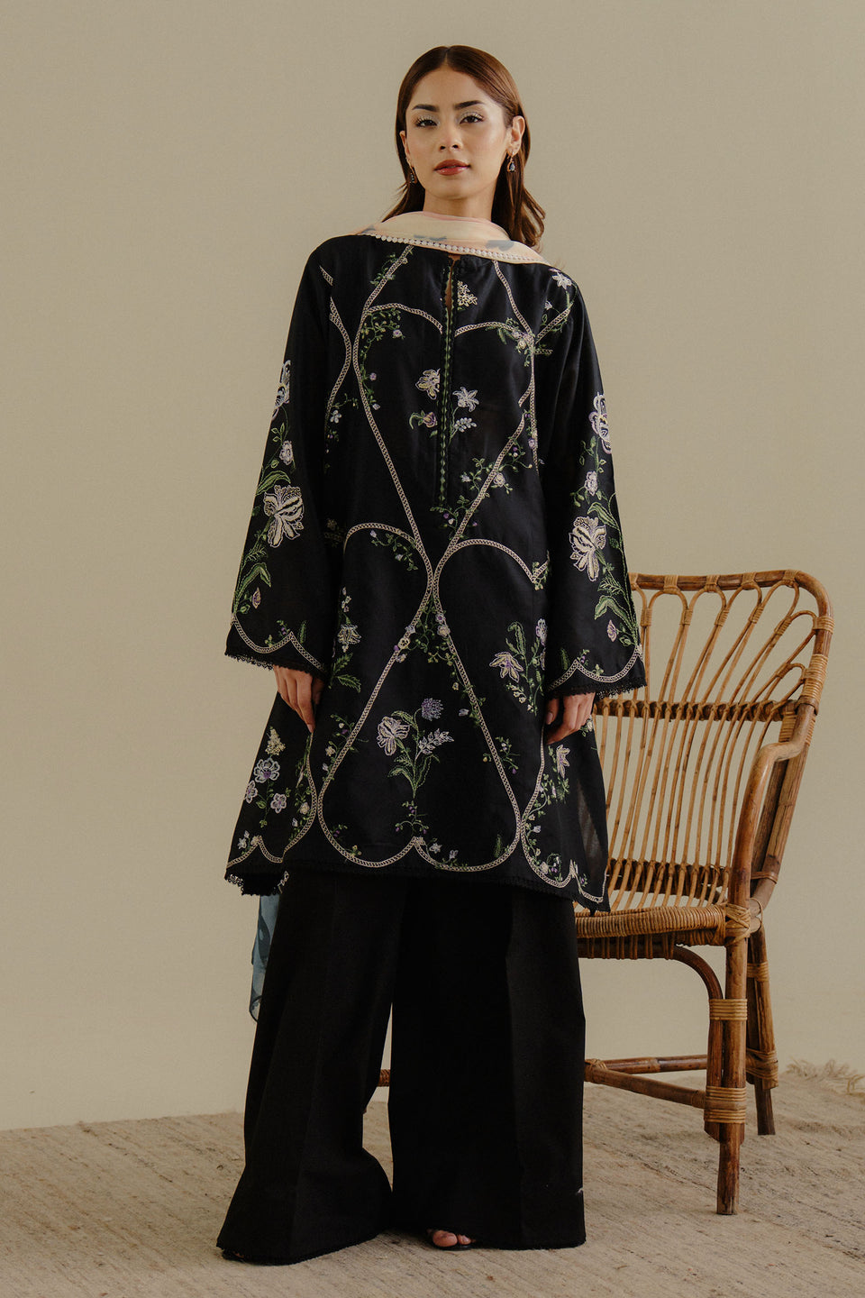 “Dhanak 3PC Embroidered Suit with Embroidered Shawl”