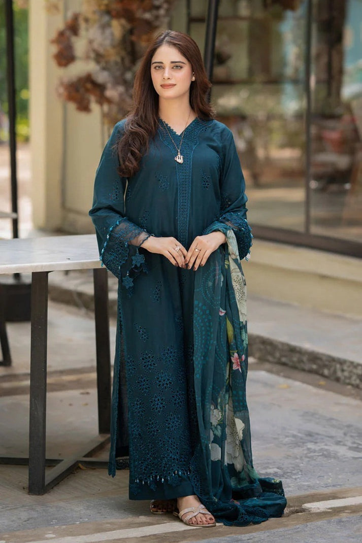 LAWN 3PC CHIKENKARI EMBROIDERED SHIRT PLAIN TROUSER (D-PATCH ) monar printed DUPATA D-532