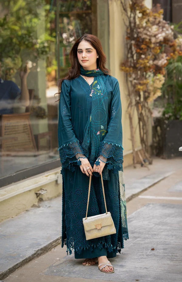 LAWN 3PC CHIKENKARI EMBROIDERED SHIRT PLAIN TROUSER (D-PATCH ) monar printed DUPATA D-532