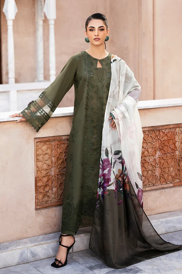 LAWN 3PC CHIKENKARI EMBROIDERED SHIRT PLAIN TROUSER (D-PATCH) PRINTED DUPATA D-100