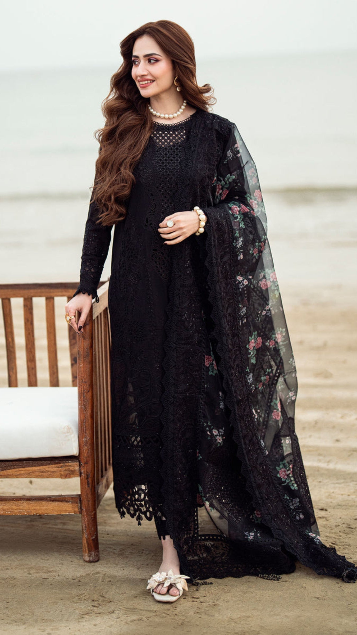 LAWN 3PC SEQUENCE EMBROIDERED SHIRT PLAIN TROUSER (D-PATCH ) printed DUPATA D-1019