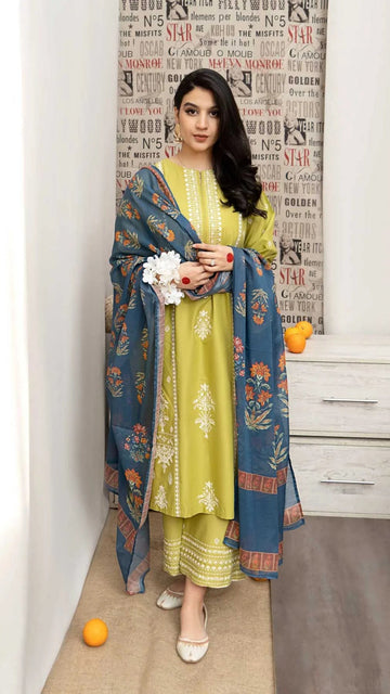 3PC EMBROIDERED LAWN SHIRT SLEEVES TROUSER PRINTED DUPATA 1026-AL