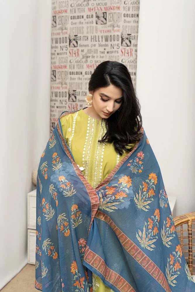 3PC EMBROIDERED LAWN SHIRT SLEEVES TROUSER PRINTED DUPATA 1026-AL