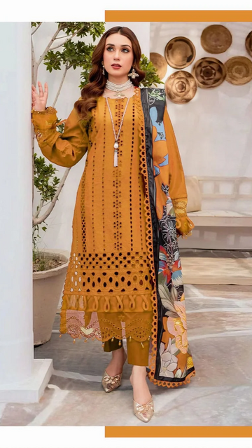 LAWN 3PC CHIKENKARI EMBROIDERED 3PC LAWN DRESS WITH PRINTED MUNAR DUPATTA D-1160.