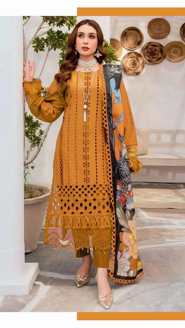 LAWN 3PC CHIKENKARI EMBROIDERED 3PC LAWN DRESS WITH PRINTED MUNAR DUPATTA D-1160.