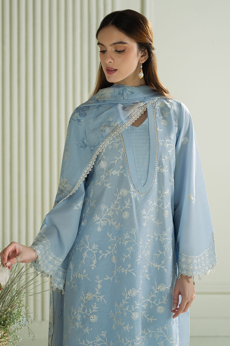 LAVENDER BLUE- 3PC EMBROIDERED LAWN ORGANZA PRINTED DUPATA