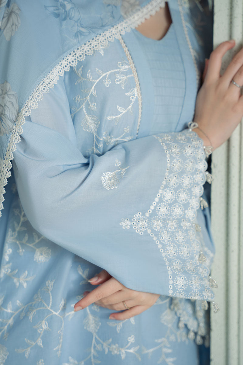 LAVENDER BLUE- 3PC EMBROIDERED LAWN ORGANZA PRINTED DUPATA