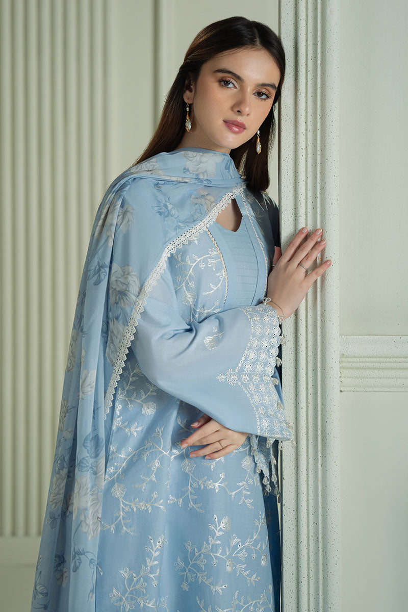 LAVENDER BLUE- 3PC EMBROIDERED LAWN ORGANZA PRINTED DUPATA