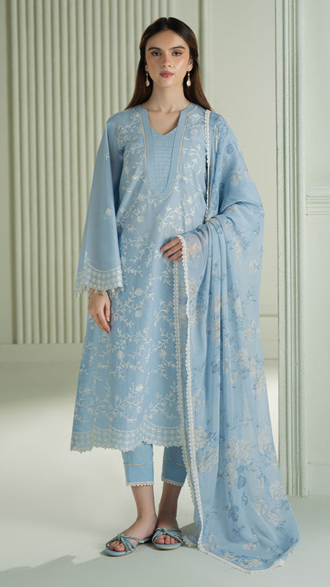 LAVENDER BLUE- 3PC EMBROIDERED LAWN ORGANZA PRINTED DUPATA