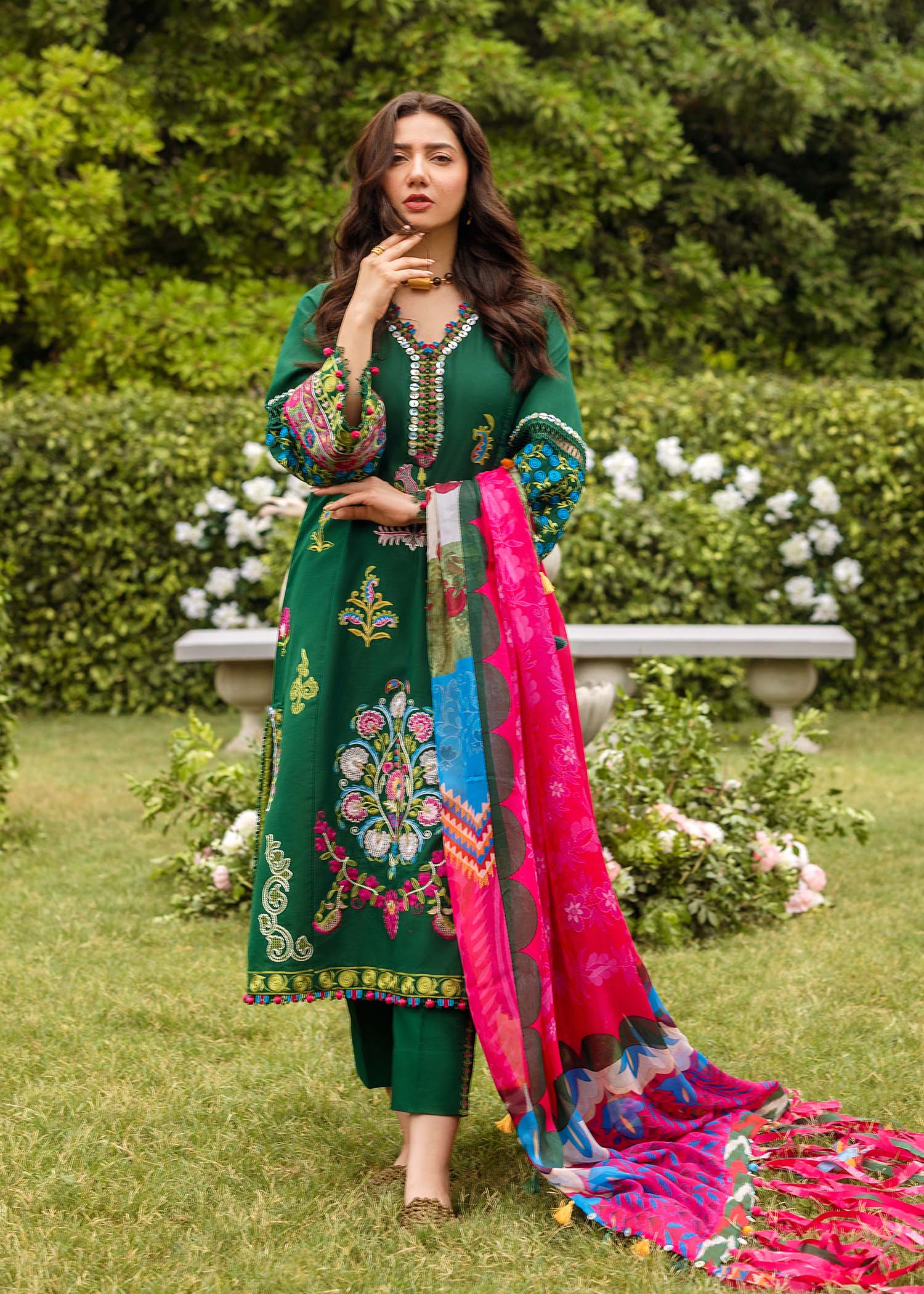 Dhanak 3PC Embroidered Suit with Printed Shawl